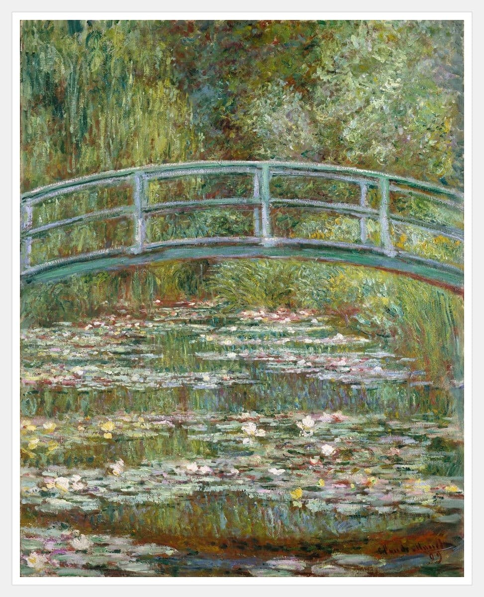 Bridge over a Pond of Water Lilies - White Frame