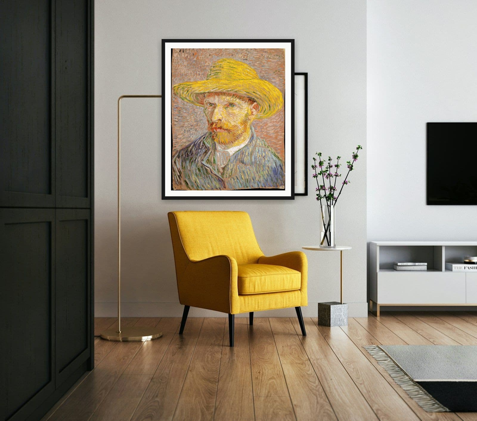 Self-Portrait with a Straw Hat in Living Room